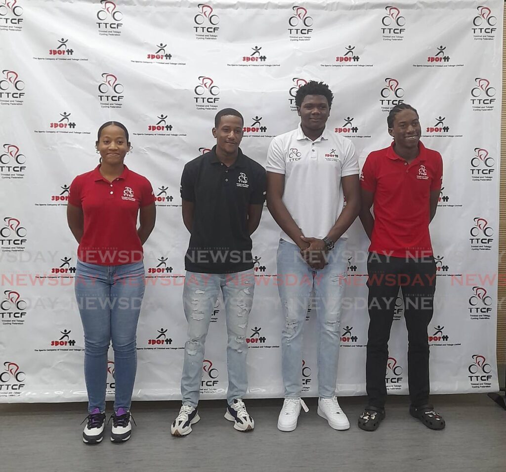 From L-R: Team TTO cyclists Alexia Wilson, Kyle Caraby, Dannel James and Tariq Woods attend the launch of the TT Cycling Federation's Easter Grand Prix at the National Cycling Centre, Couva on Monday. - Roneil Walcott (Image obtained at newsday.co.tt)