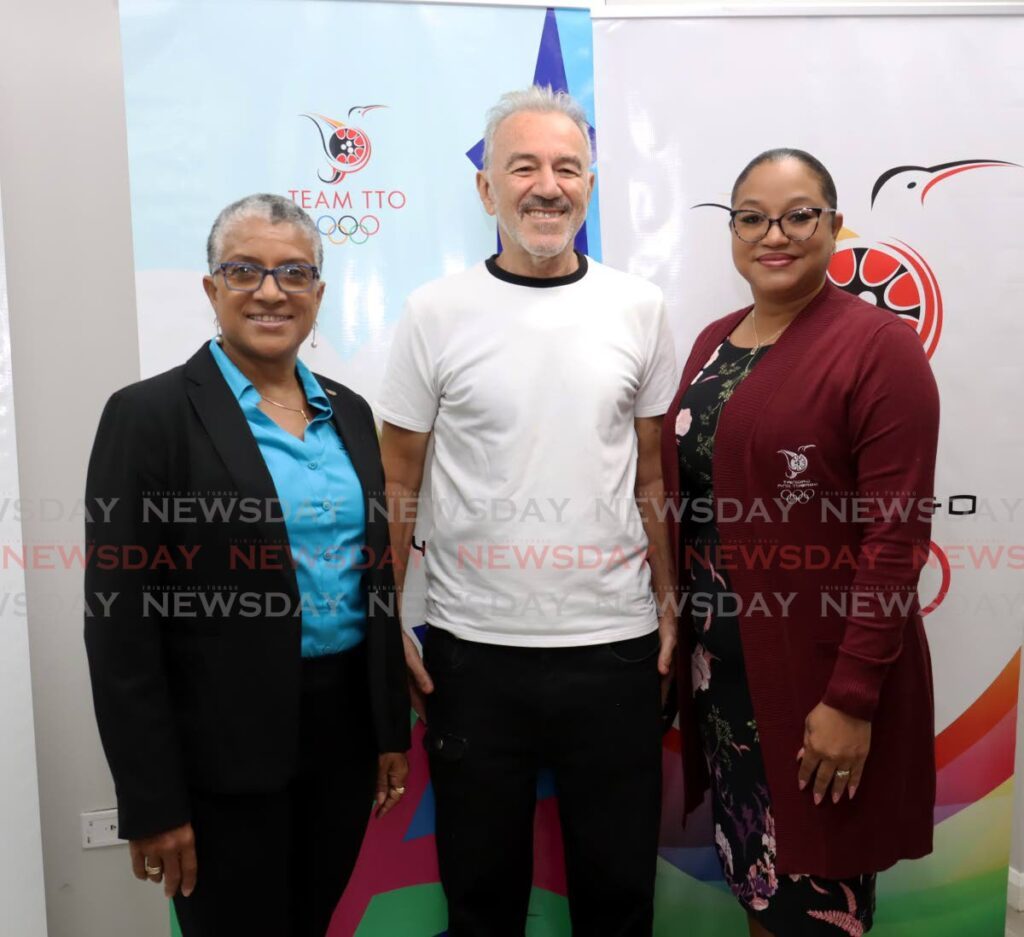 TTOC president Diane Henderson, left, Hideout Clothing consultant Jean Michel Gibert, middle, and TT chef de mission Lovie Santana-Duke at a TTOC media conference, marking 50 days to go to the start of the Paris 2024 Summer Olympic Games. The media conference was held at TT Olympic House, Woodford Street, Port of Spain on Thursday. - Photo by Faith Ayoung (Image obtained at newsday.co.tt)