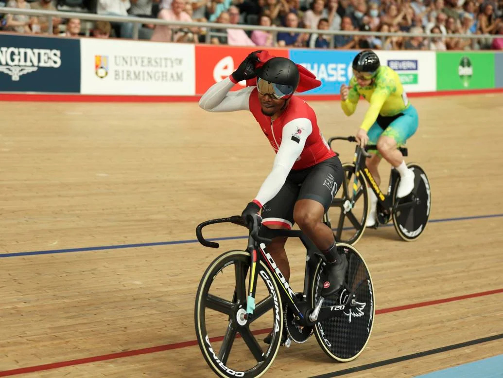 FLASHBACK: T&T’s Nicholas Paul celebrates victory in the men’s keirin final during the 2022 Commonwealth Games Track Cycling, at Lee Valley VeloPark in London, England.  Ian Walton (Image obtained at trinidadexpress.com)