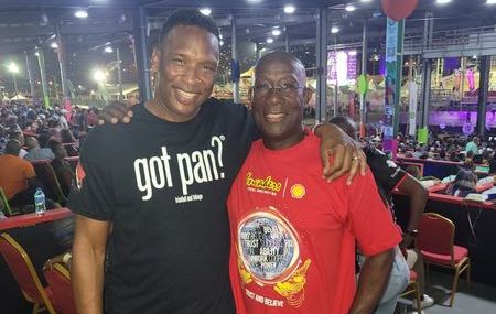 T&T football legend Shaka Hislop with Prime Minister Dr Keith Rowley at Panorama finals on Saturday night. (Photo credit - Pan Trinbago) (Image obtained at tt.loopnews.com)