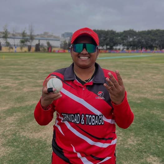 TT women's spinner Anisa Mohammed shows four fingers after grabbing four wickets against Jamaica at the 2025 Bolivarian Games. - Photo via Red Force Facebook (Image obtained at newsday.co.tt)