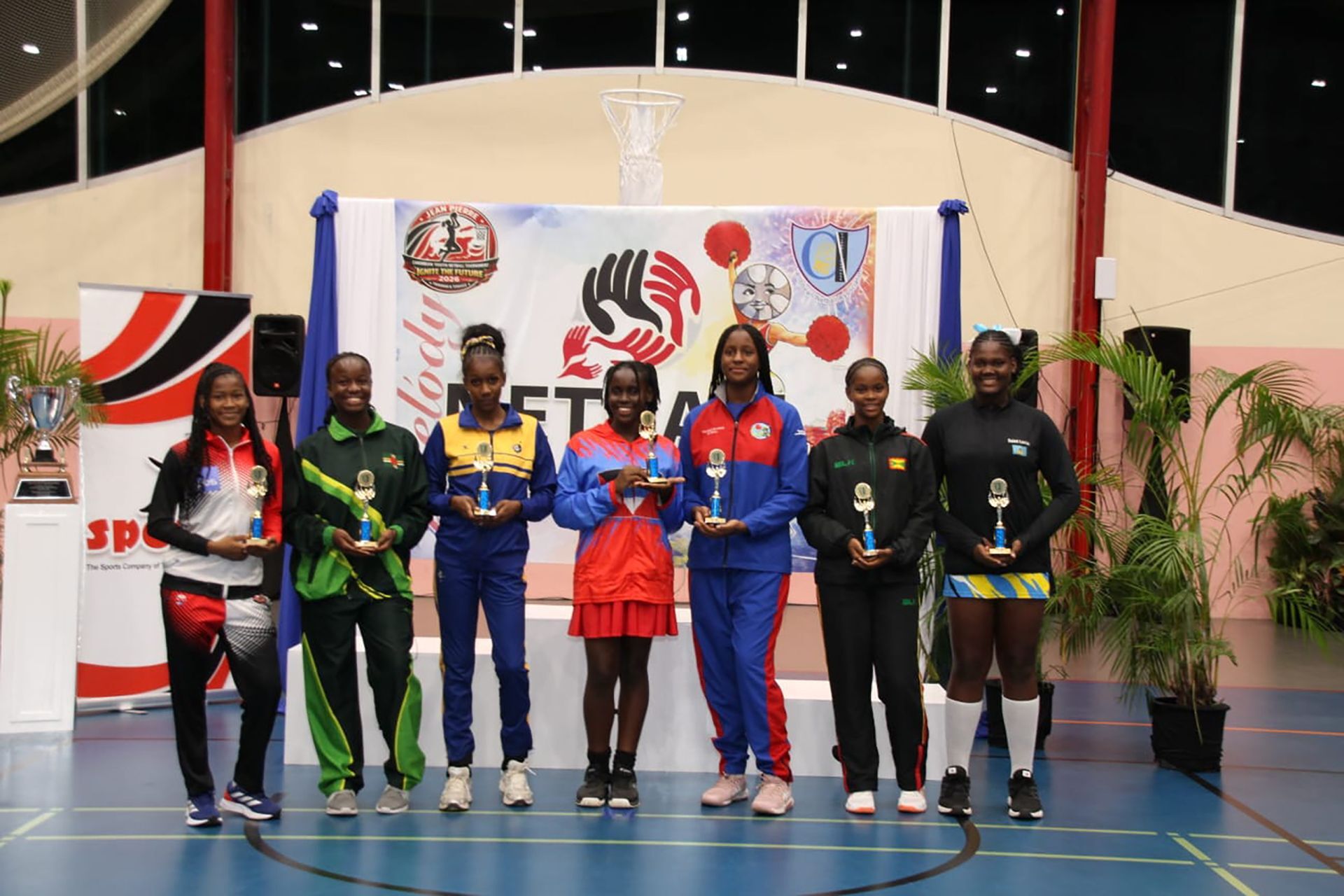 Kelsea Gardner, from left, who was named th "Most Valuable Player (MVP) for T&T poses with fellow MVPs, ​Deanna Jacob (Dominica), Cherish Gibson (Barbados), Jada Martin (Antigua & Barbuda), Seriah Frederick (Cayman Islands), Reshonna Francis (Grenada), and Neriah Charlery (St Lucia).  Vashti Singh (Image obtained at guardian.co.tt)